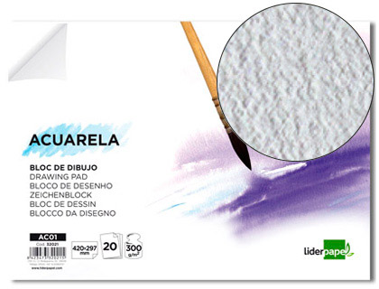 Bloc dibujo Liderpapel Acuarela encolado 297x420mm. 20 hojas 300g/m² sin recuadro